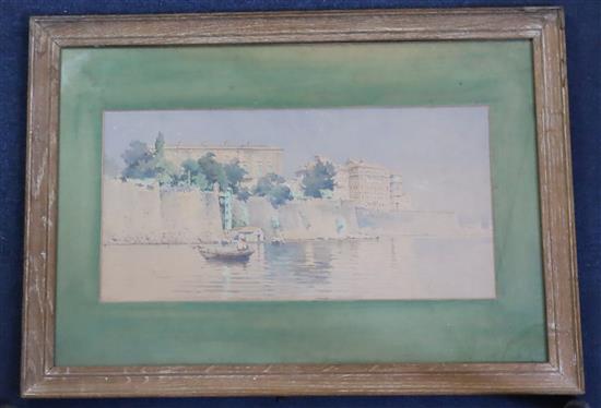 Angelos Giallina (Greek, 1857-1939) Waterfornt scene, Corfu 8.75 x 17.5in.